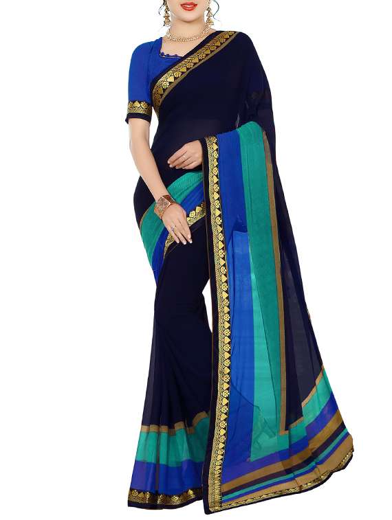 women's bordered navy blue colored saree with blouse - 14521104 - Zoom Image - 0