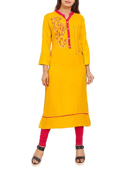 yellow viscose straight kurta - 14531366 -  Standard Image - 0