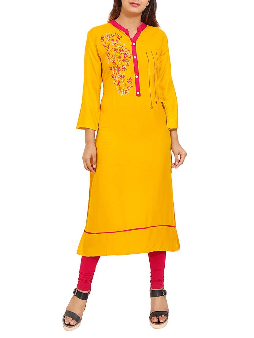 yellow viscose straight kurta - 14531366 -  Zoom Image - 0