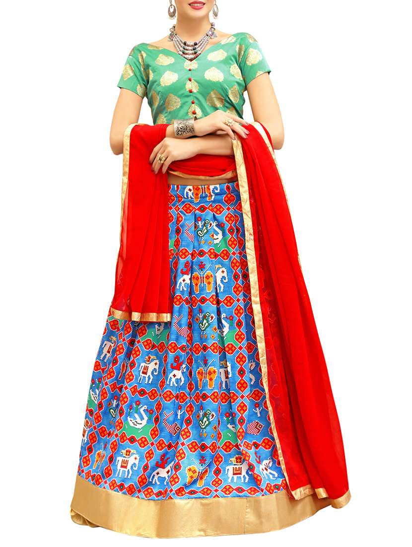 blue flared semi-stitched lehenga