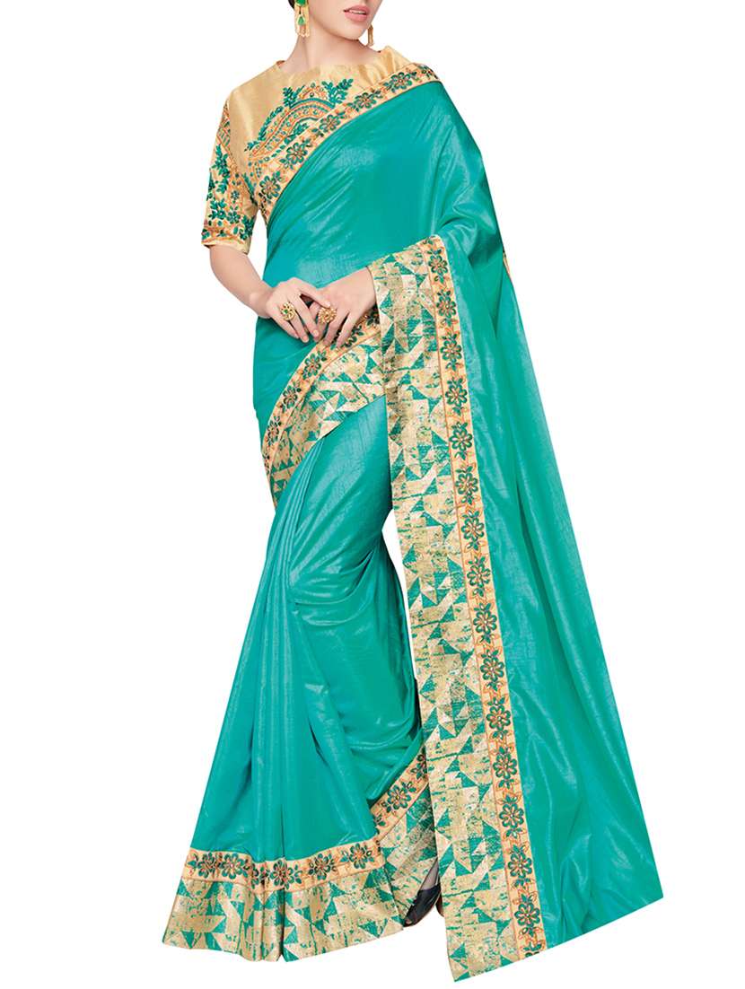 turquoise silk bordered saree with blouse