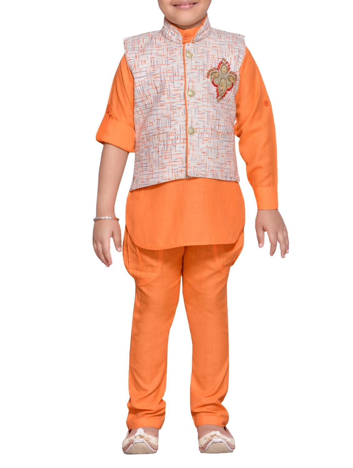 orange cotton blend kurta set and waistcoat - 14537654 -  Zoom Image - 0