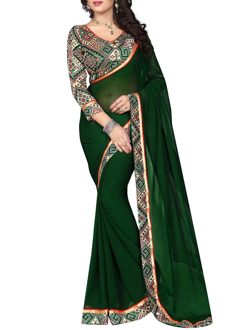 bottle green bordered saree with blouse