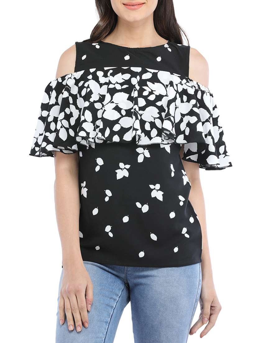 leaf print cold shoulder ruffled top