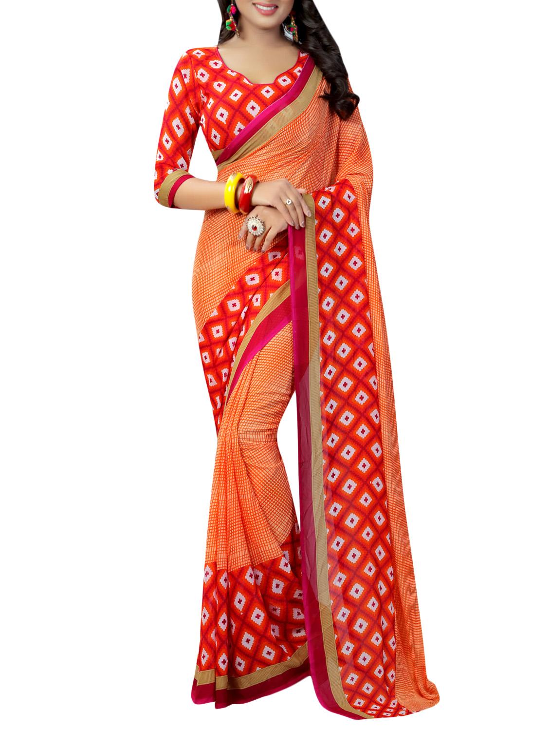 orange georgette printed saree with blouse - 14557037 - Zoom Image - 0