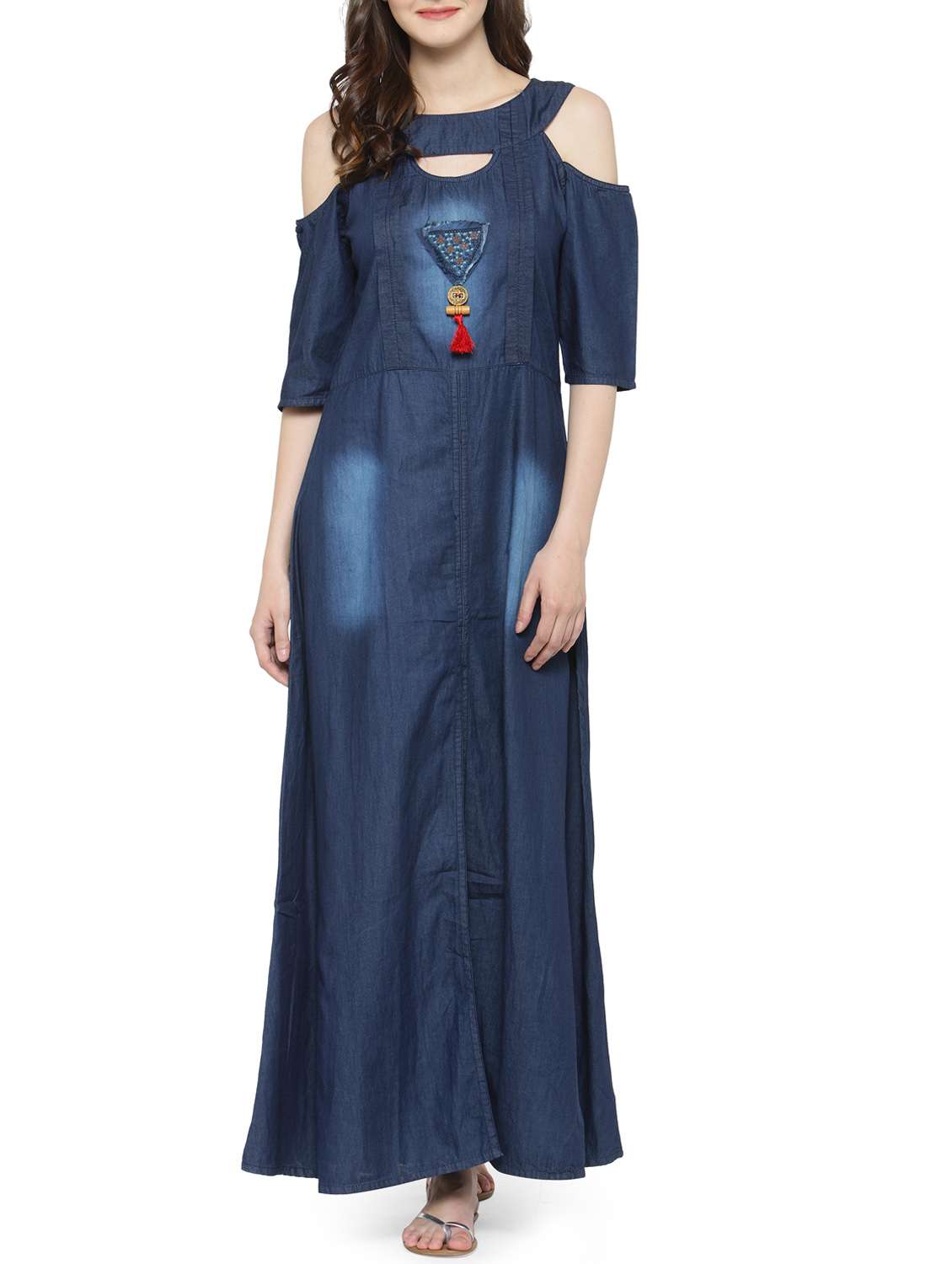 navy blue denim solid a-line kurta