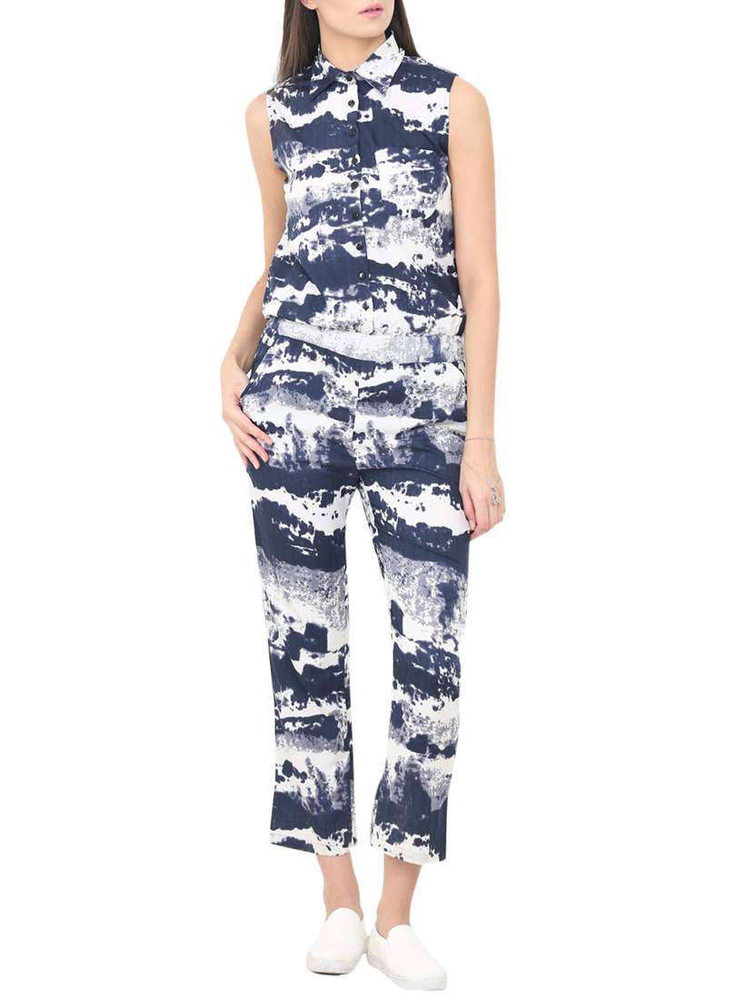 blue printed full leg jumpsuit