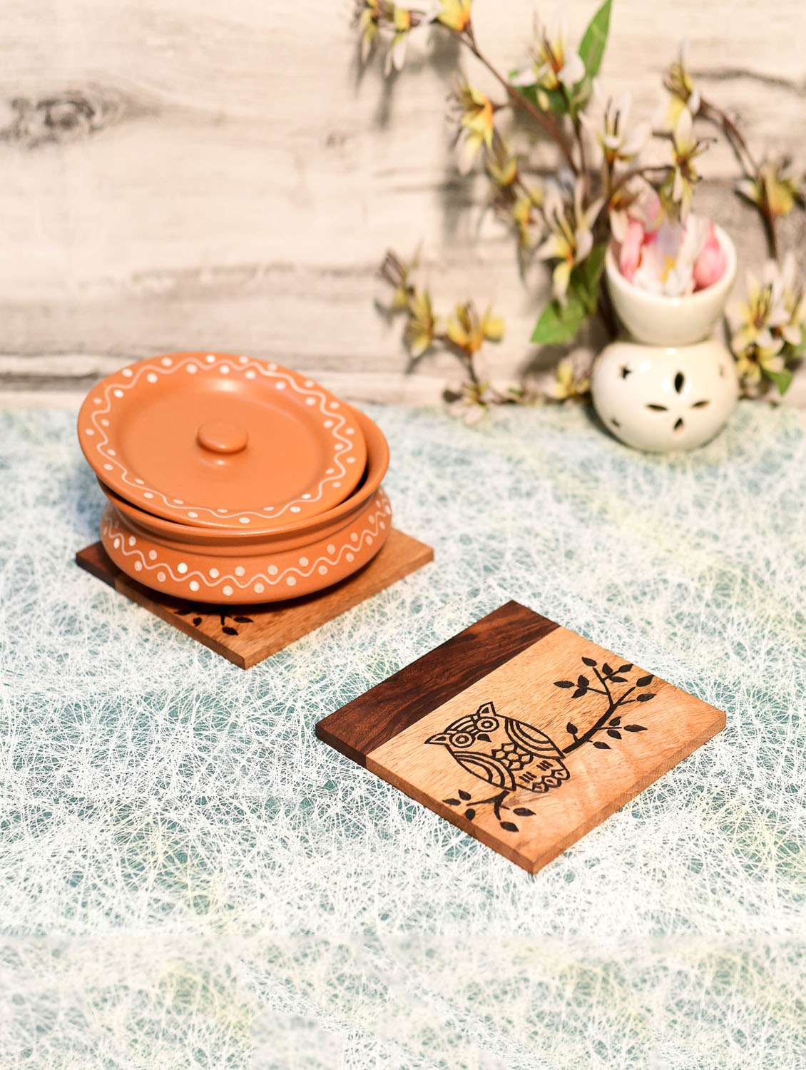 sheesham wood brown owl coaster set (set of 2)