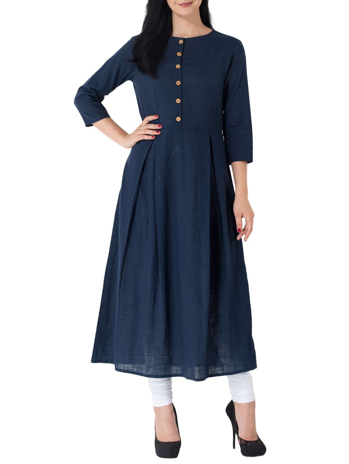 blue cotton flared solid kurta