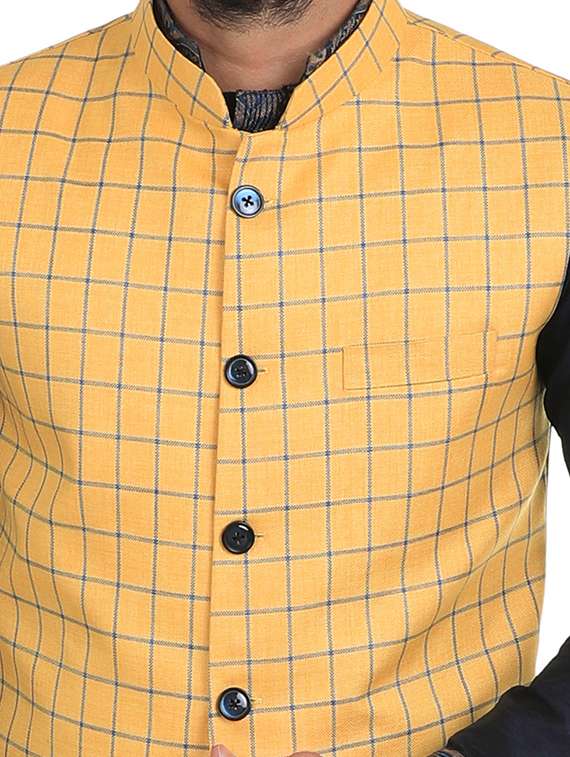 yellow cotton nehru jacket - 14574580 -  Standard Image - 3