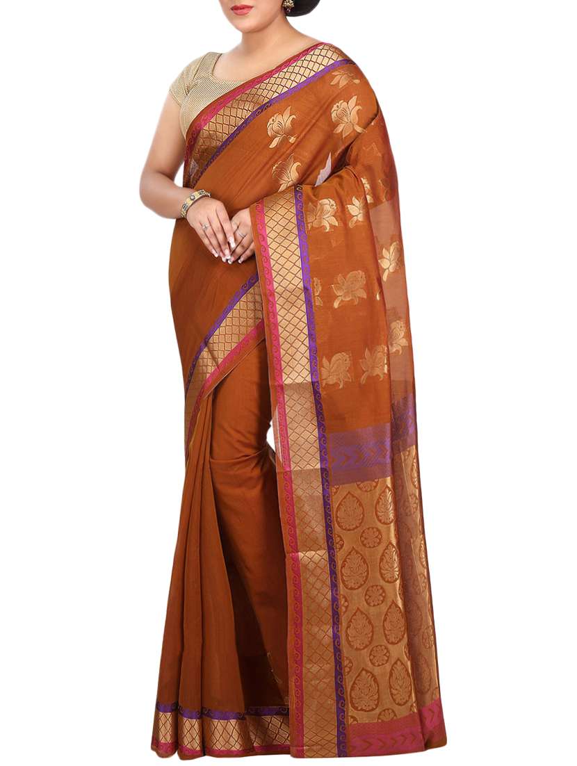 brown kora silk woven saree with blouse