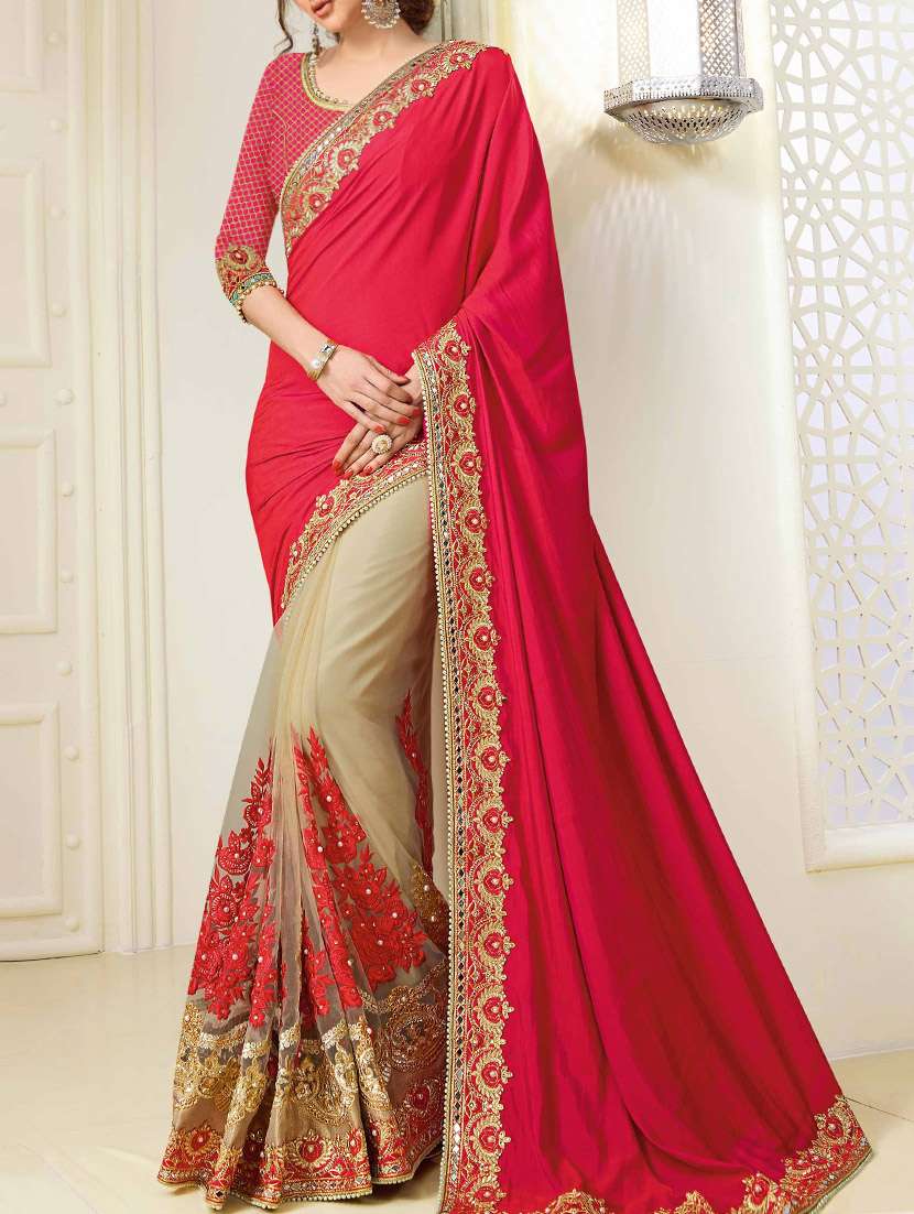 red and beige half & half saree with blouse