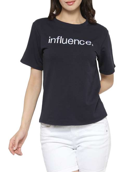 women's chest print crew neck t-shirt - 14590121 -  Standard Image - 0