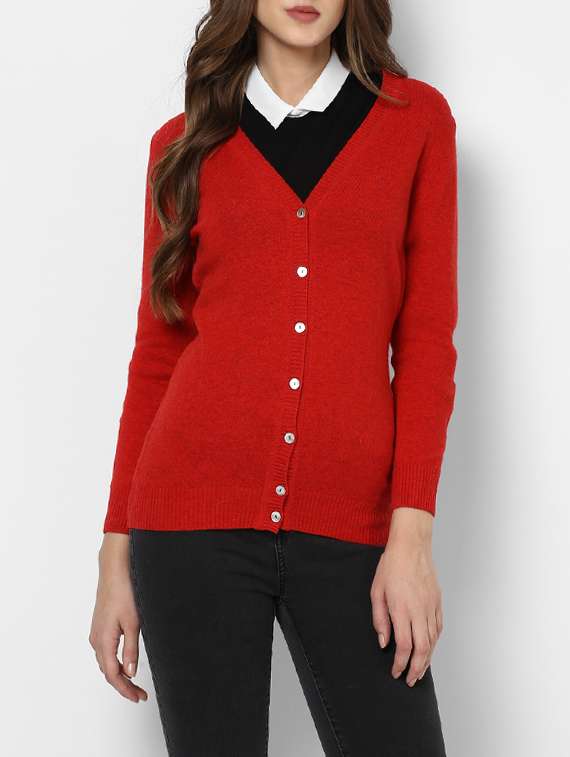 solid red woolen cardigan