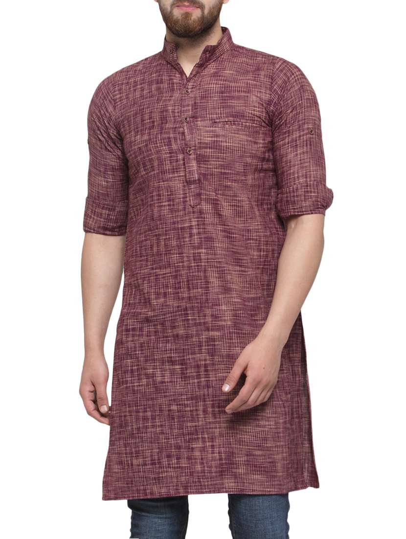 purple linen long kurta - 14605147 -  Zoom Image - 0