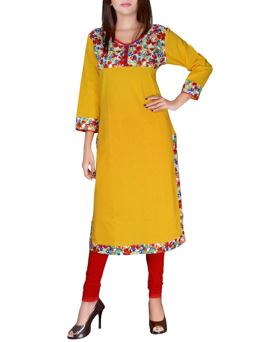 yellow cotton straight kurta - 14616588 - Zoom Image - 0