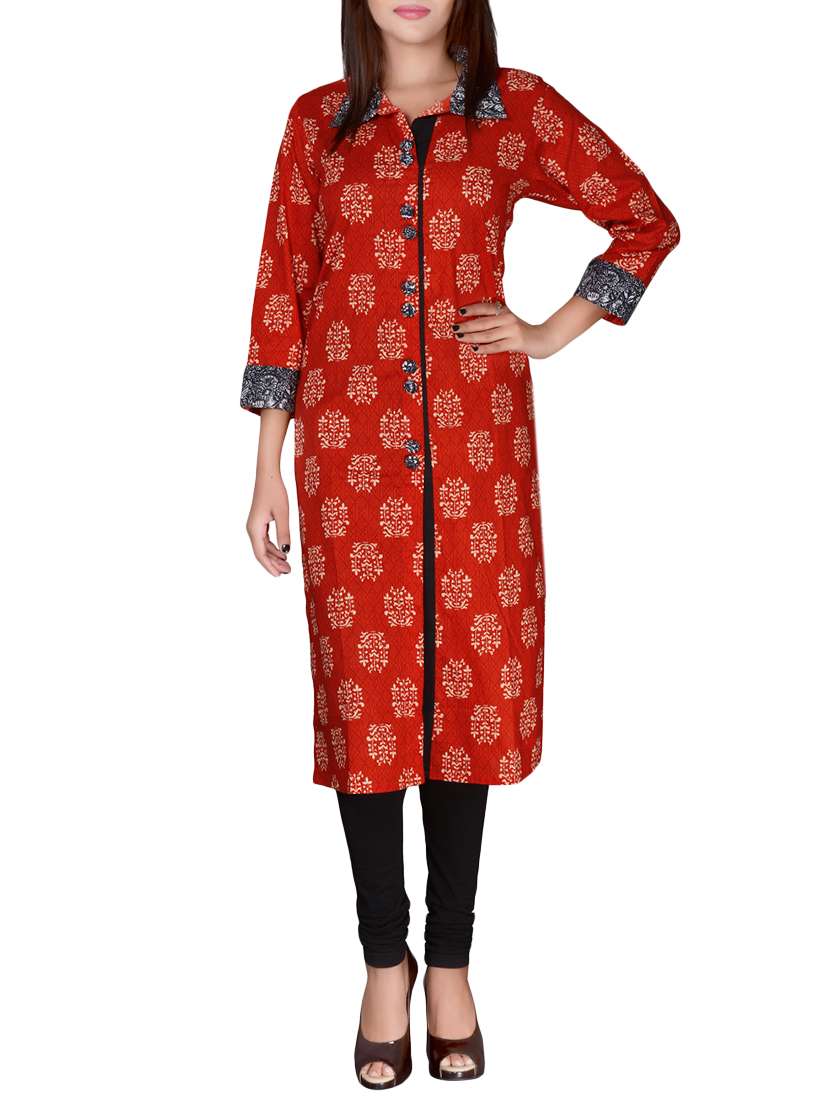 red cotton straight kurta - 14616592 - Zoom Image - 0