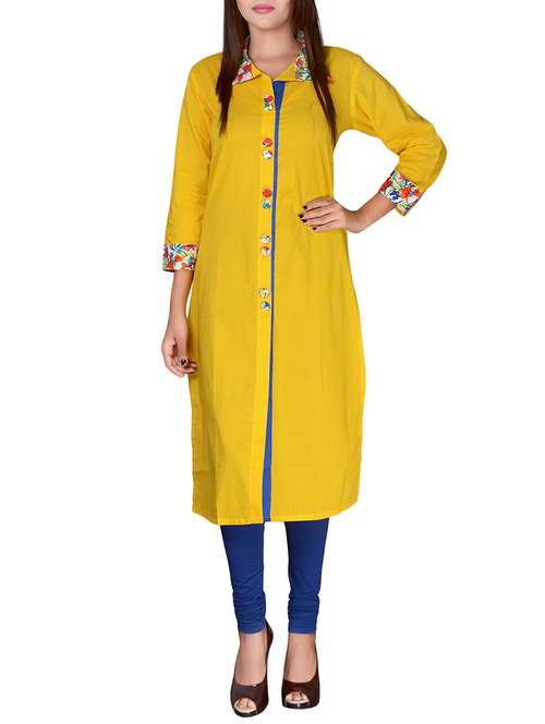 yellow cotton straight kurta - 14616593 - Standard Image - 0