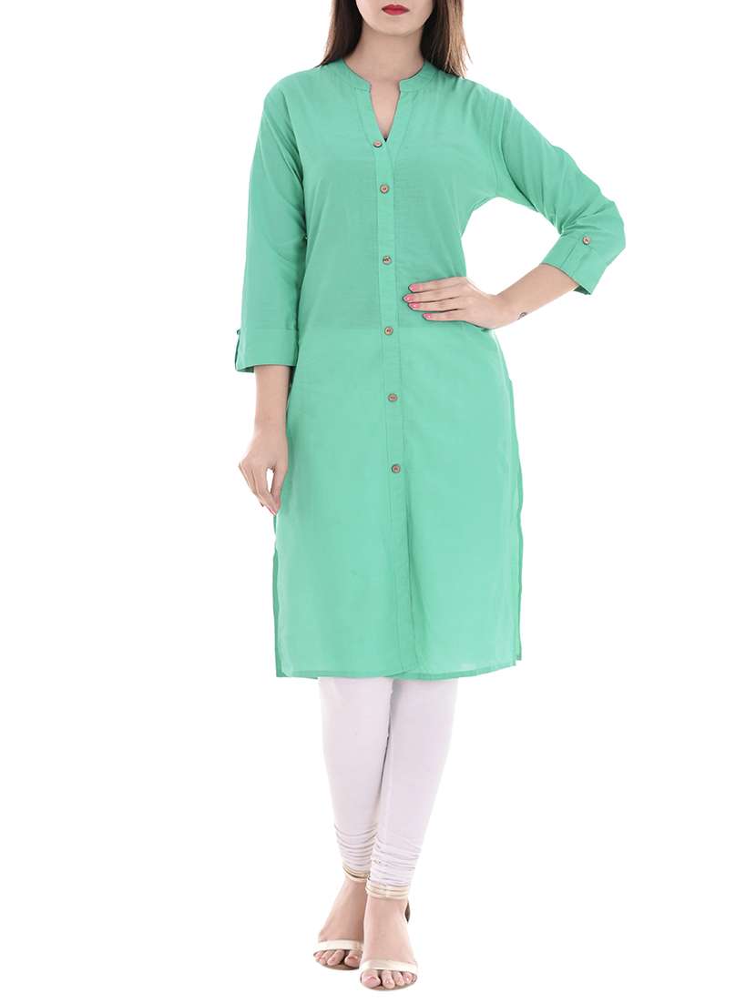 green cotton straight solid kurta