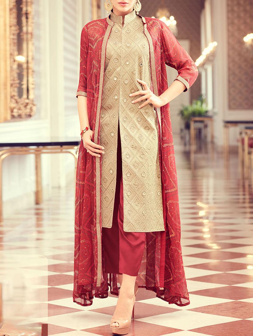 cream straight pant suits semi-stitched suit - 14618451 - Zoom Image - 0