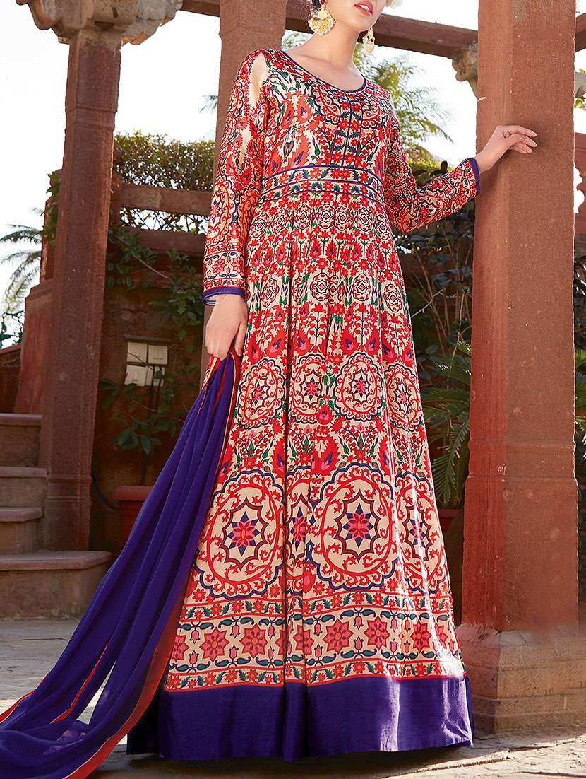 red anarkali semi-stitched suit - 14618472 - Zoom Image - 0