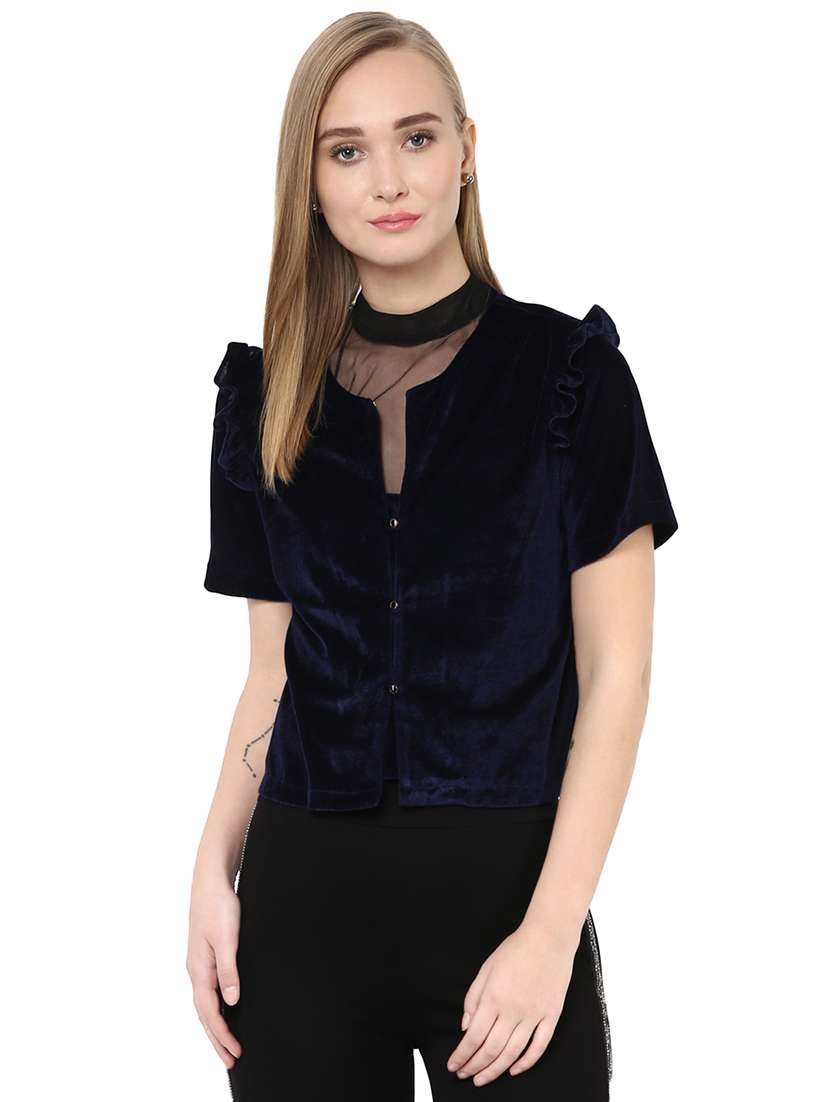 choker neck ruffled velvet top - 14627123 -  Zoom Image - 0