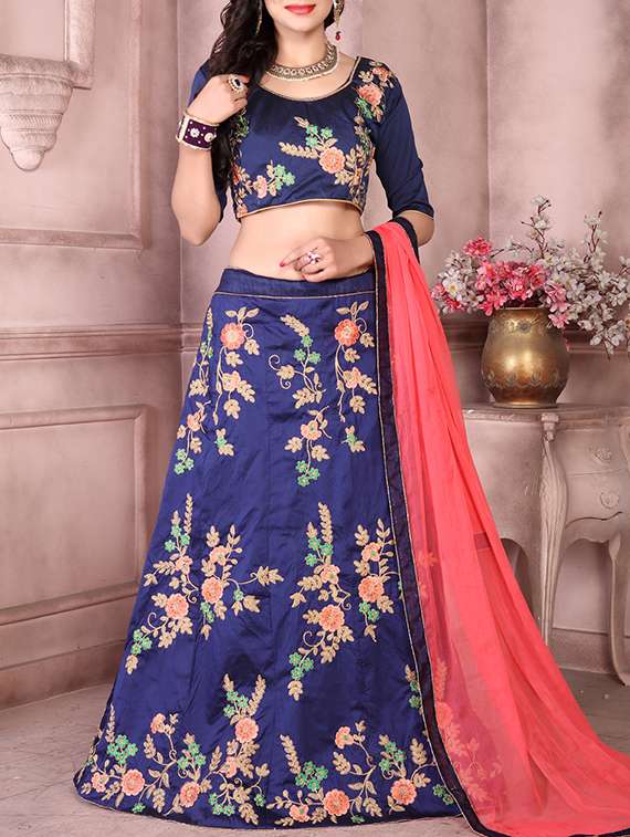 blue silk panelled lehenga
