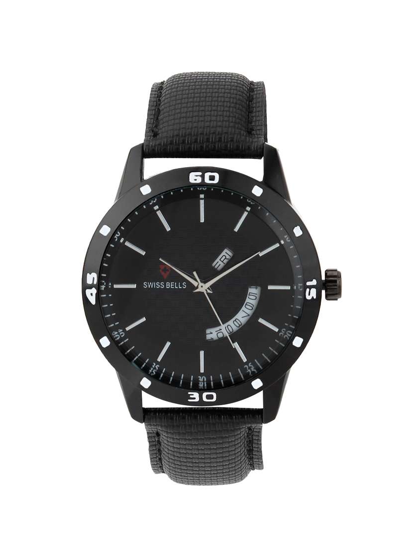 Svviss Bells Black Leather Strap Day and Date Multifunction Wrist Watch for Men - SB-969