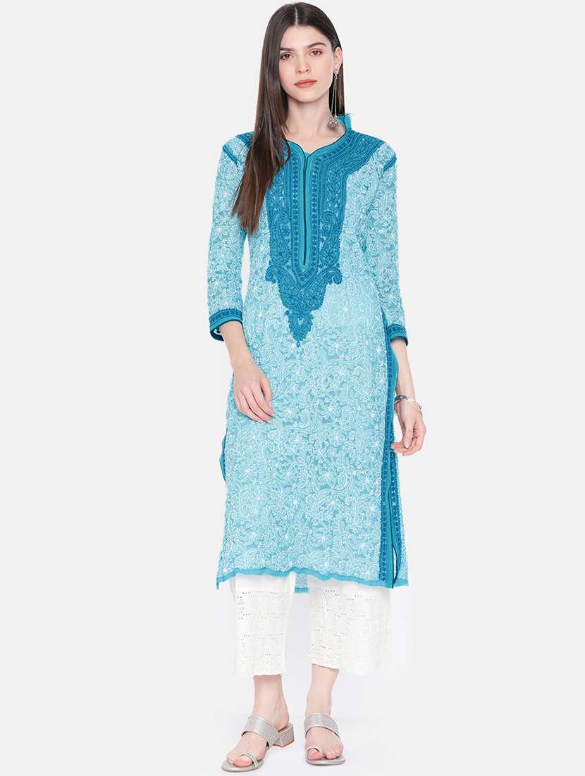 ada blue faux georgette straight kurta