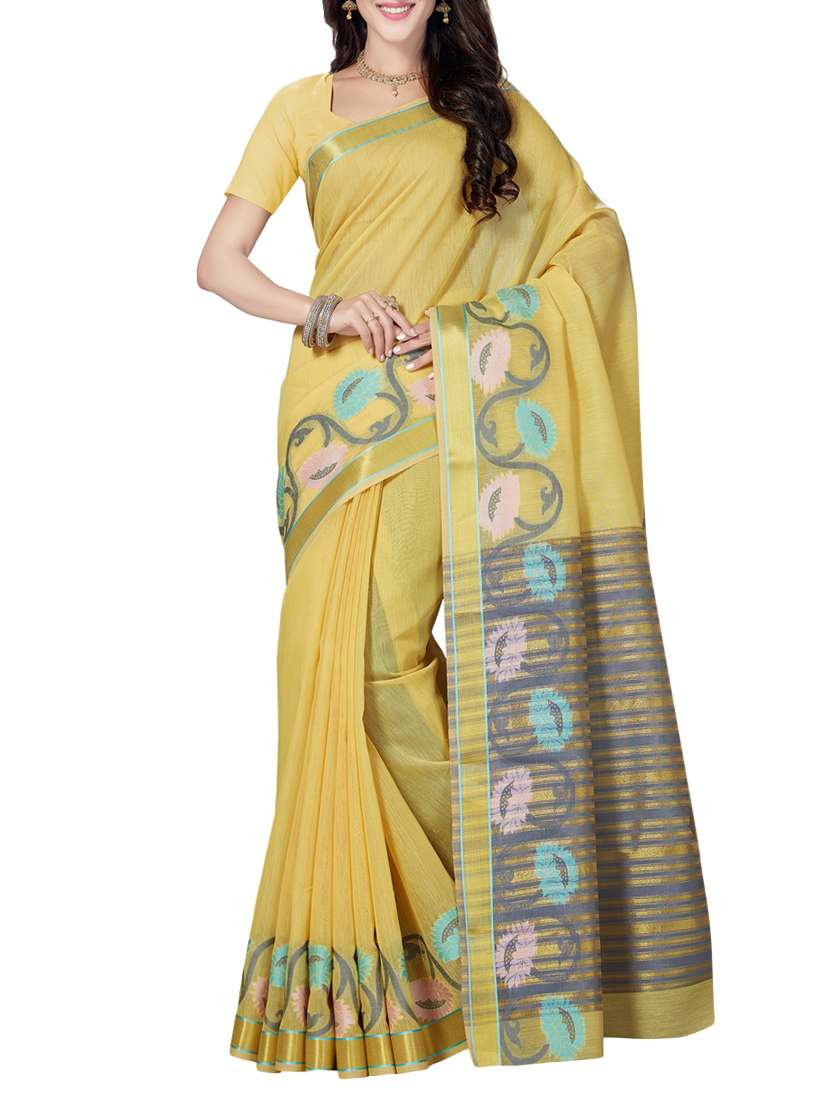 yellow cotton blend maheshwari saree with blouse - 14637223 - Zoom Image - 0
