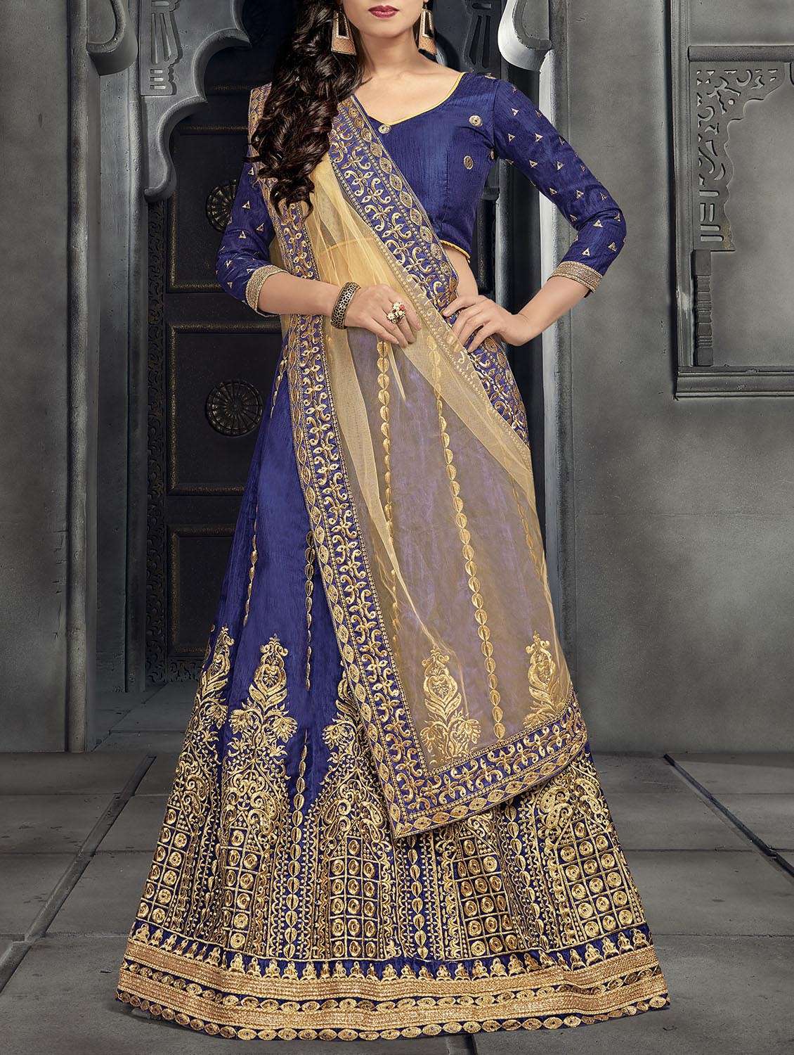 blue silk panelled lehenga
