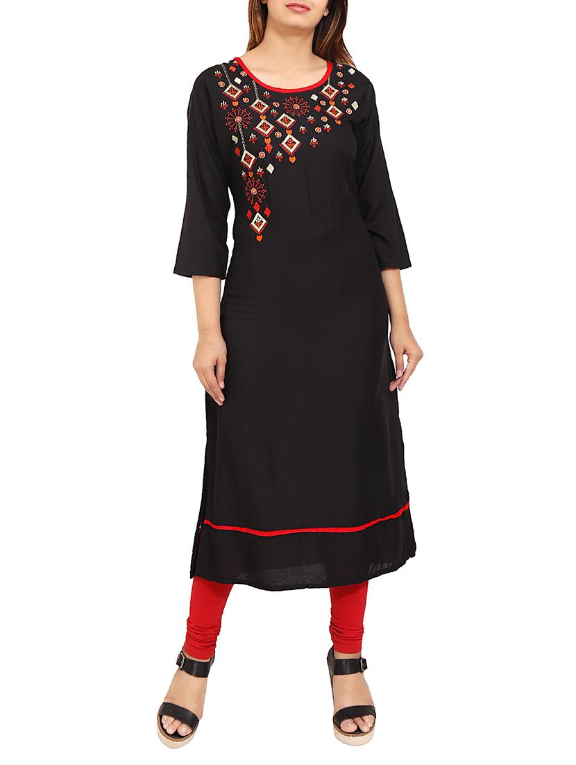 black rayon straight kurta - 14647307 - Zoom Image - 0