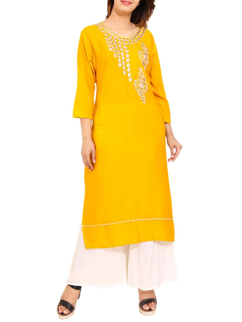 yellow rayon straight kurta - 14647308 - Zoom Image - 0