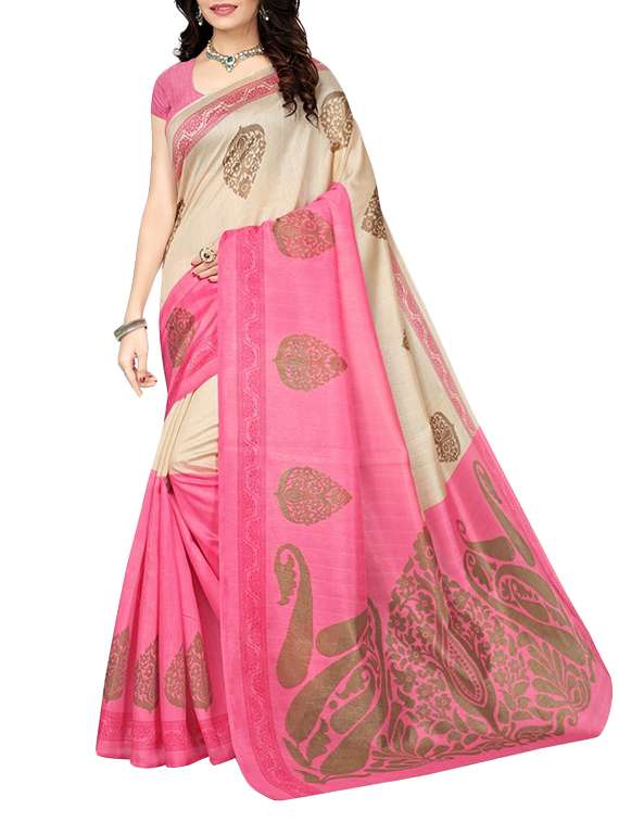 beige silk printed saree with blouse