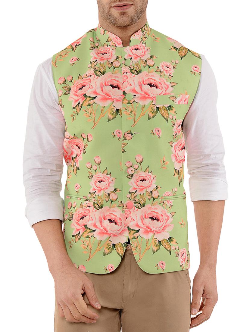 green silk blend nehru jacket - 14654437 -  Zoom Image - 0