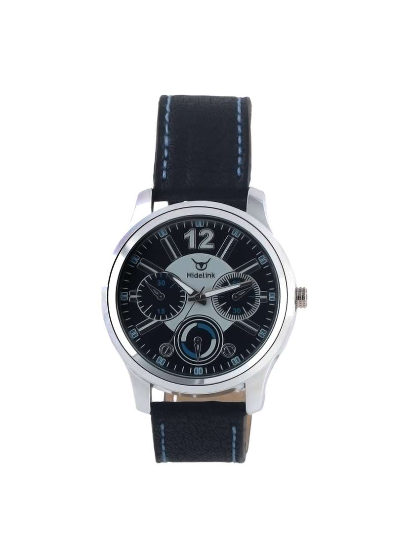 hidelink black dial analog smart wrist watch for men with silver case and black strap (ws11006)