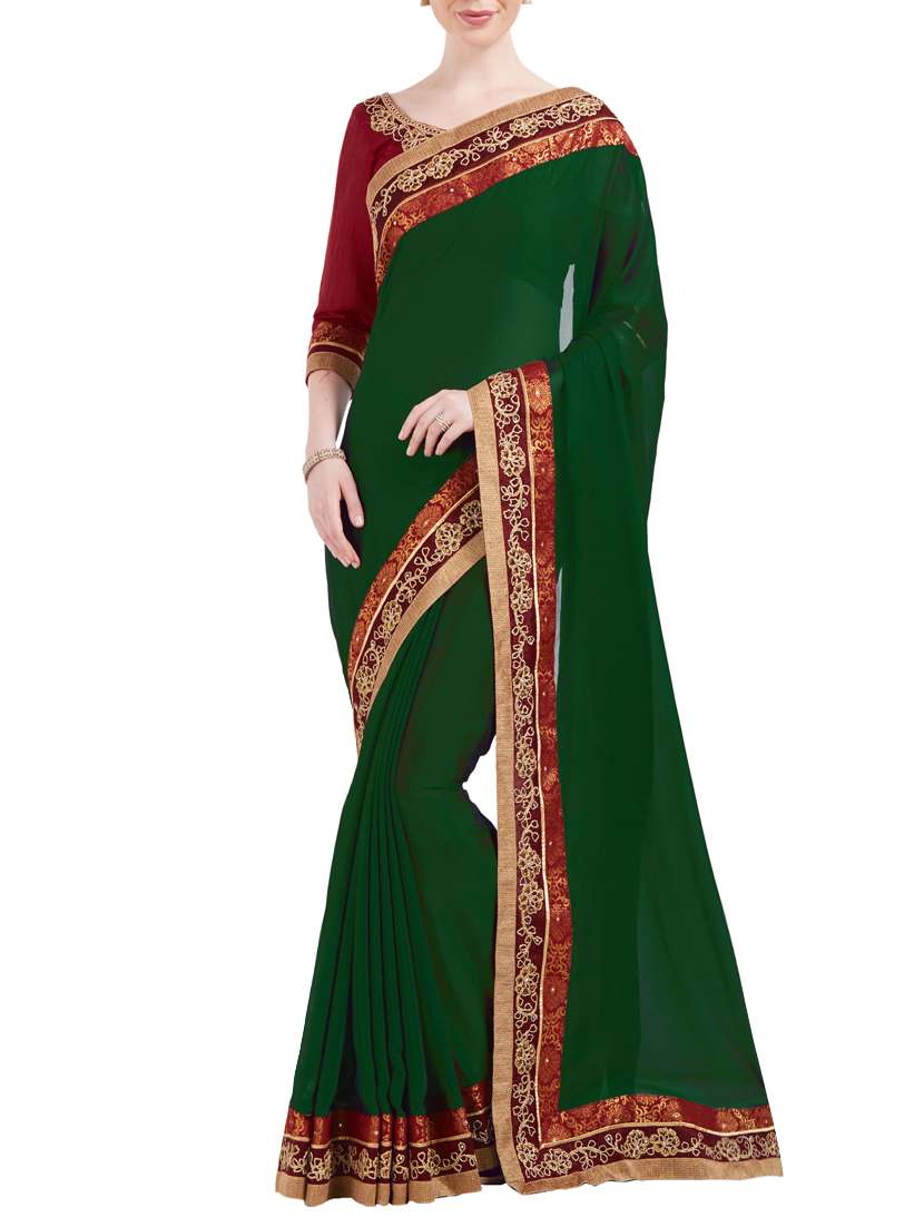 green chiffon embroidered bordered saree with blouse