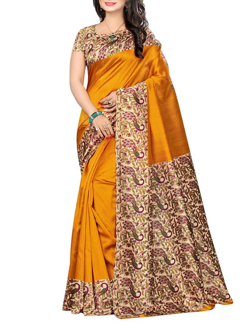 yellow silk printed saree with blouse