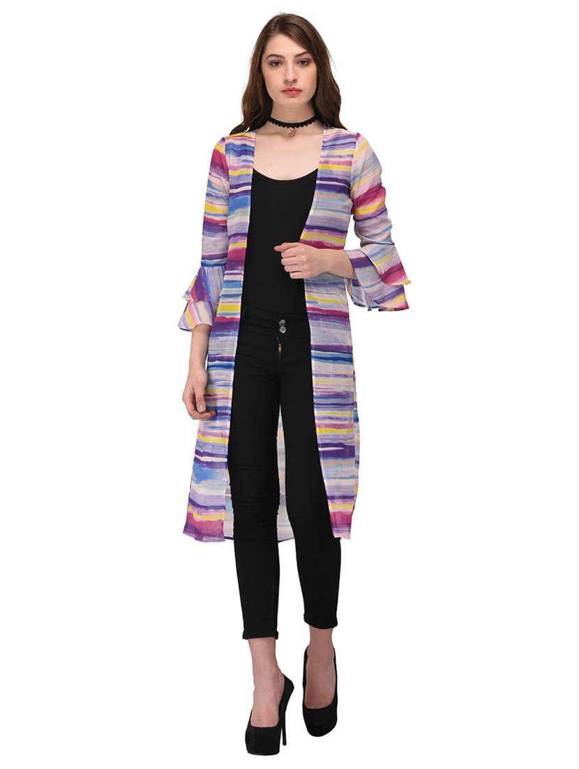 purple striped printed shrug