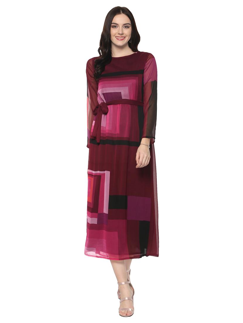 maroon & pink belted dress - 14679317 -  Zoom Image - 0
