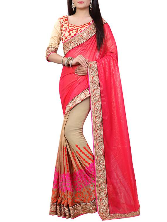 pink georgette half and half saree with blouse