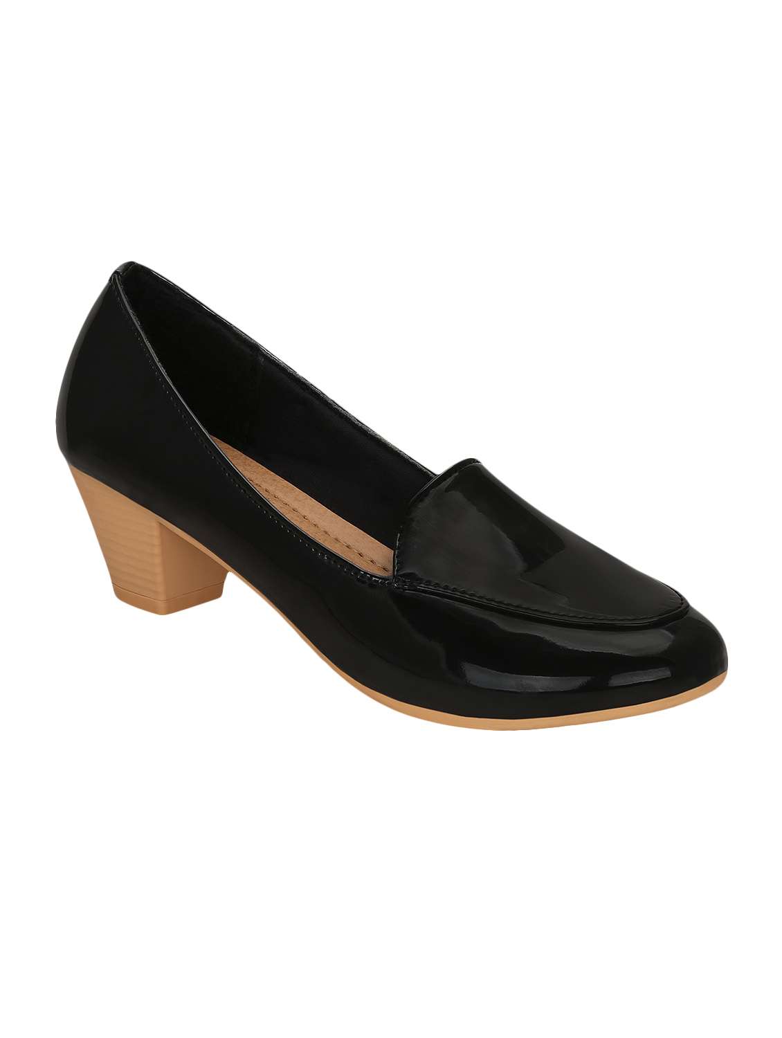 black faux leather slip on pumps