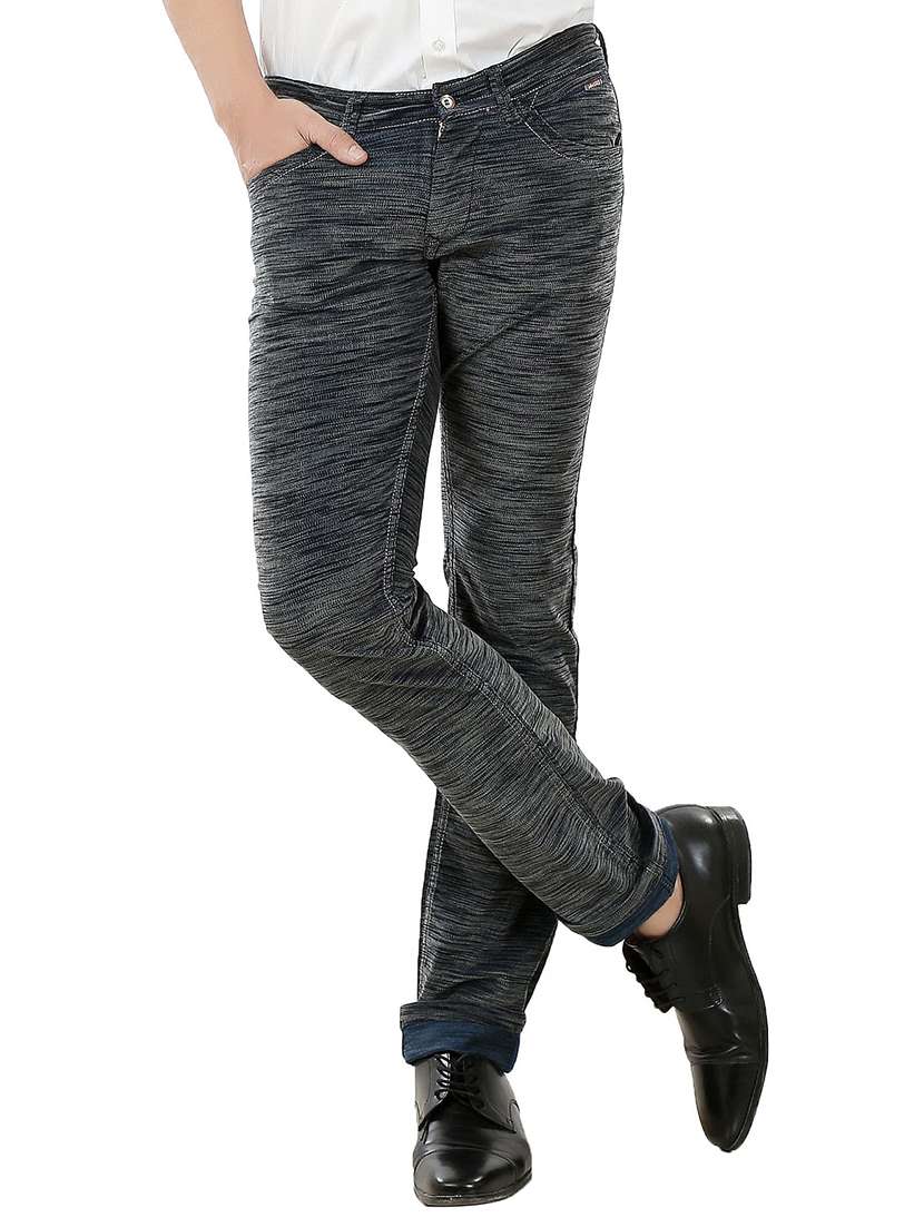 blue cotton flat front casual trousers