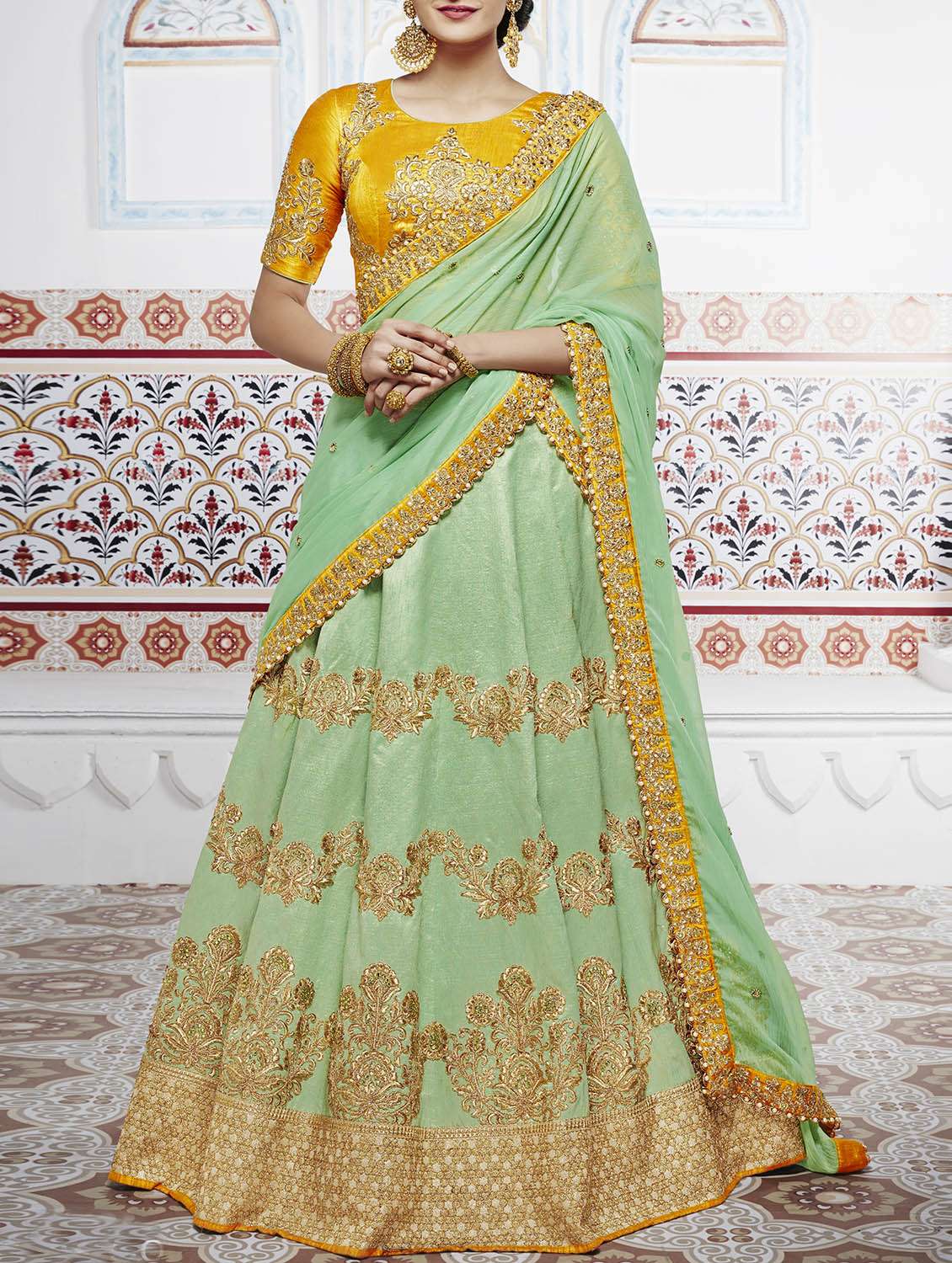 green silk flared lehenga