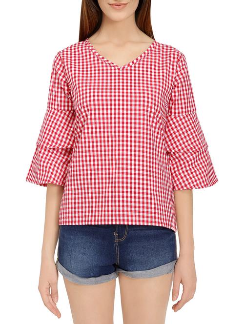v-neck bell sleeved gingham top - 14736801 - Standard Image - 0