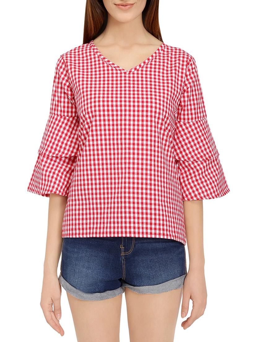 v-neck bell sleeved gingham top - 14736801 - Zoom Image - 0