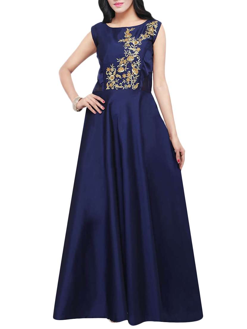 blue silk blend fit & flare gown