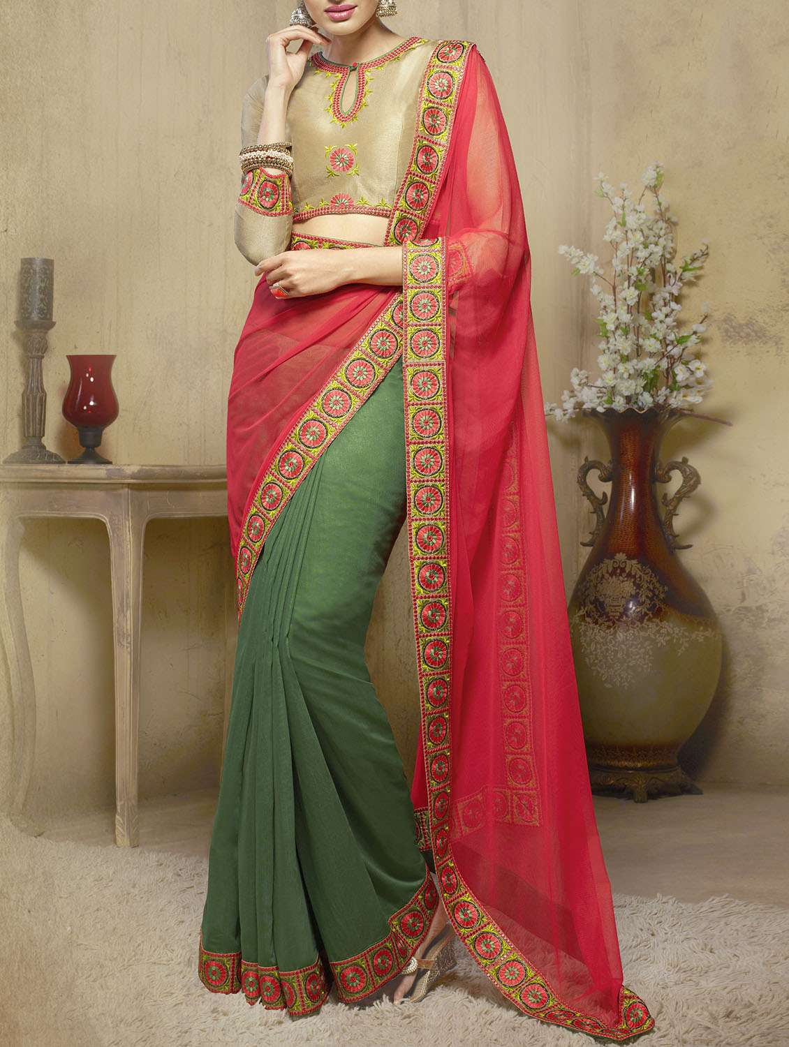 red viscose half and half saree with blouse