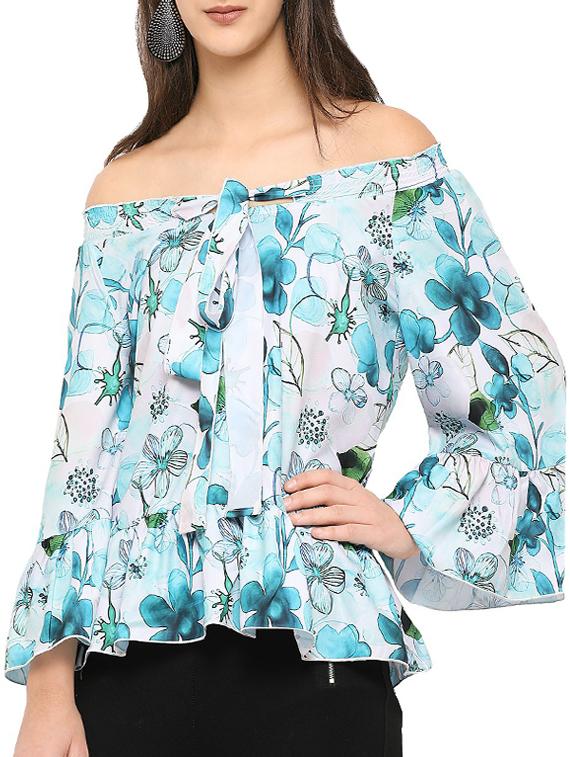 floral print bell sleeve off shoulder top