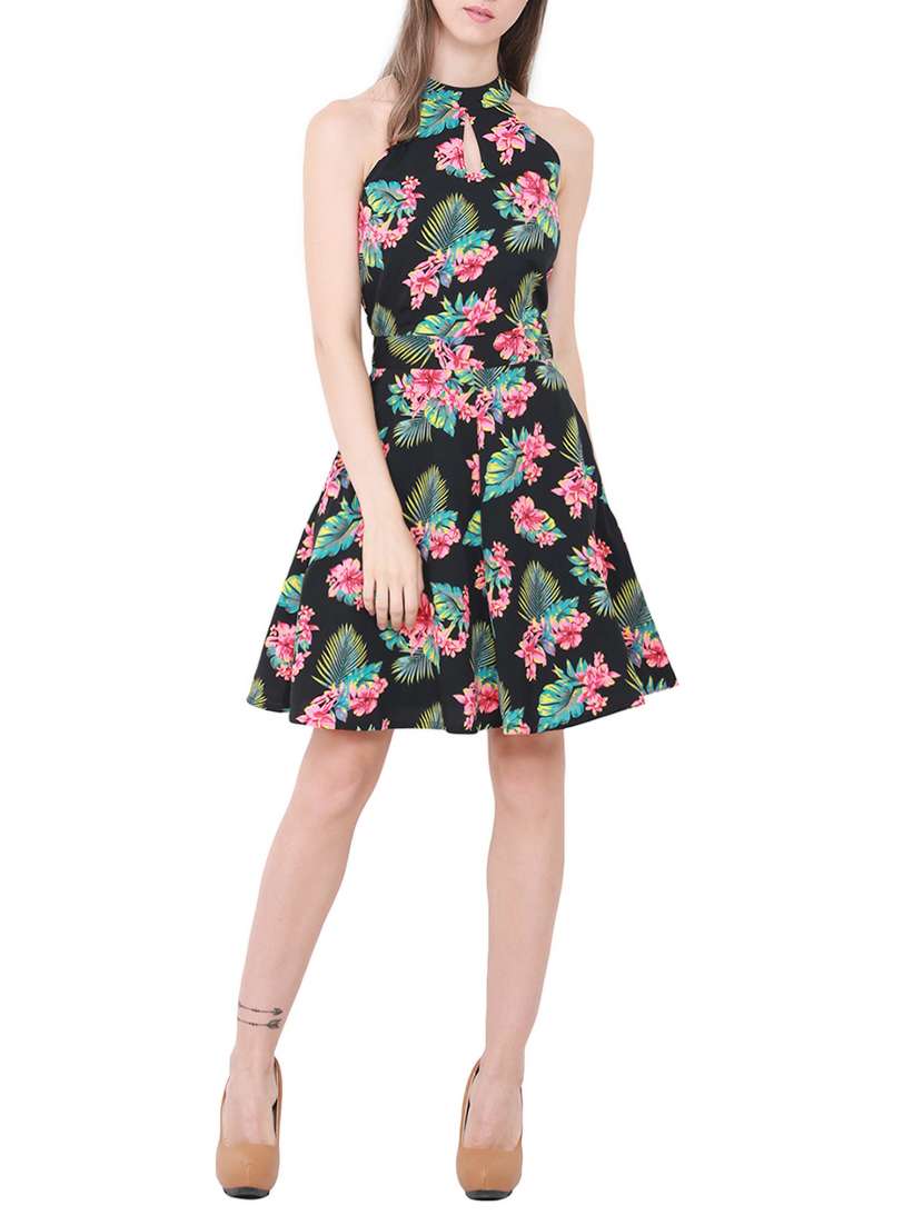 tropical print flared halter dress